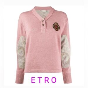 Etro EUC Pink Wool & Silk Sweater with Paisley Arm Patches Sz 40, XS or S